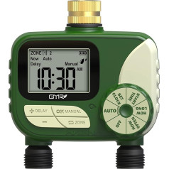 GMR Irrigation Computer with Brass Inlet, Garden Hose Irrigation Control, Watering Timer with Rain Delay/Manual/Automatic, Garden Irrigation System, 2 Outlets
