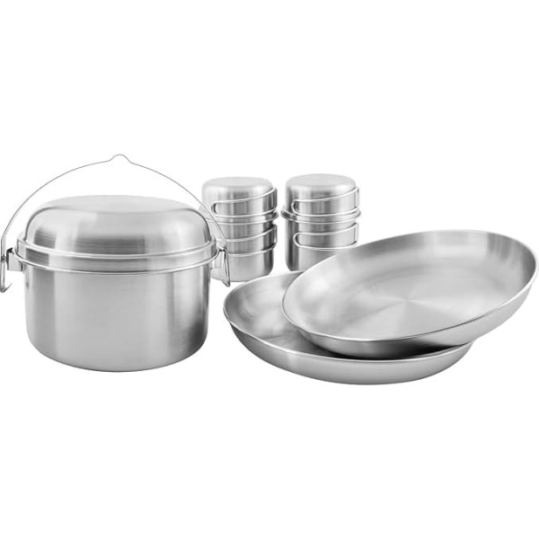 Tatonka Camping Cookware Picnic Set II (8 Pieces) – Stainless Steel Crockery for Picnic for Two – With Pot, Lid, 2 Plates and 2 Cups with Lids – Non-Toxic & Food Safe