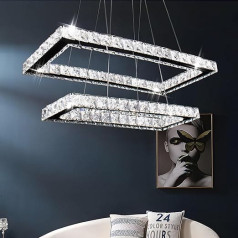 Finktonglan Chandelier, Modern Rectangular Crystal Chandelier LED 2 Rings Ceiling Light Stainless Steel Pendant Light for Dining Room Living Room Bedroom (6500 K Cool White)