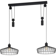 EGLO Winkworth Pendant Light, 2-Bulb Pendant Lamp, Vintage, Industrial, Retro, Steel Pendant Light in Black, Dining Table Lamp, Living Room Lamp, Hanging with E27 Socket