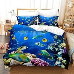 EHAOKK 3D Sea Animal Bedding Set, Dolphin, Tropical Fish, Coral, Sea Life Duvet Cover, Blue Underwater World Duvet Cover for Children (C, 220 x 240 cm)