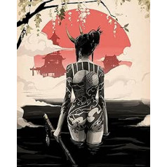 Japanese Woman Bushido Canvas Pictures, Japanese Samurai Poster Art Prints, Black and White Warrior Canvas Painting for Living Room Bedroom Decor, Without Frame, 50 x 70 cm