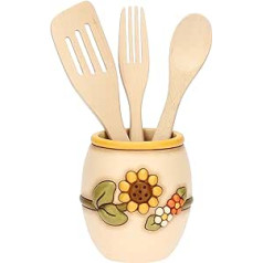 THUN, Set with Ceramic Spoon Rest Hand Decorated and 3 Wooden Ladles Country Line Spoon Holder 13 x 13 x 14.5 cm, Ladle 30 x 5 cm H