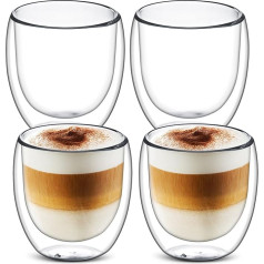 4 x 250 ml Double-Walled Latte Macchiato Glasses, Double-Walled Glass Cups, Heat and Cold Resistance - Borosilicate Glass Glasses for Cappuccino, Latte, Tea, Ice Cream, Milk, Beer