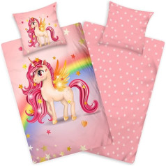 Aminata kids Children's Bed Linen 135 x 200 cm Girls Unicorn Cotton Pink with Zip with Rainbow Animal Motif Horse Reversible Children's Bed Linen for Single Bed