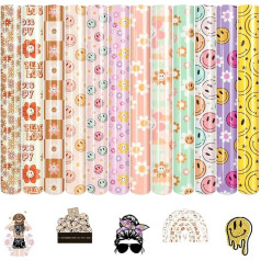 Tintnut Heat Transfer Vinyl - 12 Sheets 12 x 10 Inch Retro HTV Groovy Heat Transfer Vinyl Daisy Patterned HTV Vinyl Iron on for T Shirts DIY Compatible with Cricut or Silhouette