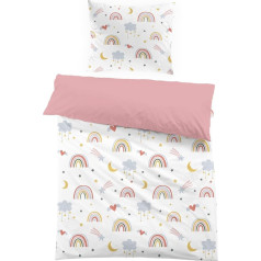 Yasida Rainbow Bed Linen, 135 x 200 cm, Pink, Children's Colourful Microfibre Bed Linen with Rainbow, Clouds, Stars, Moons, Hearts for Girls, Single Duvet Cover Set, Duvet Cover 135 x 200 cm and
