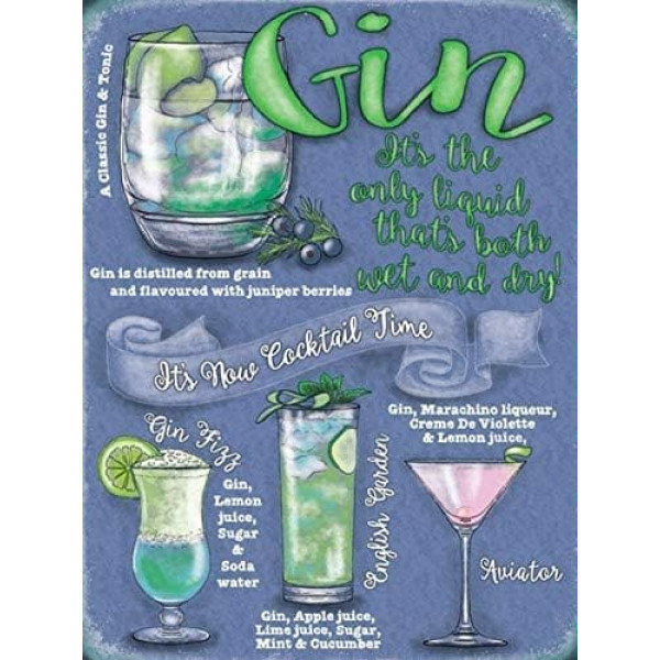 Buzz Novelty Gin & Tonic Cocktail Drinker Sign - Retro Vintage Style Humorous GIN Gift Decorative Metal Door Sign Wall Sign Multicolor - Coloured 20x15cm Gin Cocktails