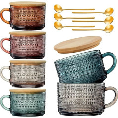 Vintage Glass Coffee Mug Set with Handles, Spoons and Lids 15 Ounce, Hobnail Embossed with Bamboo Lids and Gold Spoons, Glassware, Unique Bubble Jars, Cute Mugs, Coffee, Tea