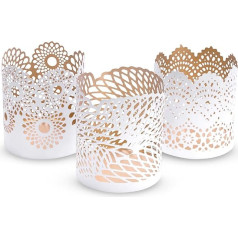 ZEYA Tea Light Holder White Gold Metal Set of 3 Decorative Tea Light Holders (H) 10.5 cm Diameter 8.5 cm Table Decoration Living Room Oriental Lanterns Vintage White Candle Holder White