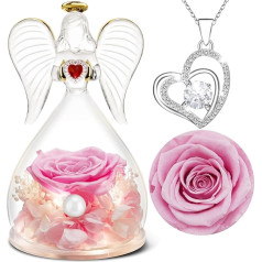 Yamonic Eternal Rose with Necklace, Gifts for Women, Real Rose in Angel Glass Dome, Gifts for Valentine's Day, Eternal Flower with LED Lights, Gift Girlfriend, Mum Gift, Pink