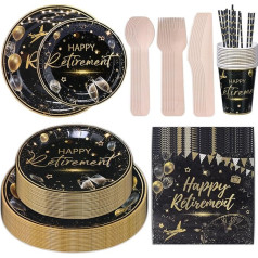 CEILIWEN 201 Pieces Party Supplies Set for Leaving Party, Retirement, Paper Plates and Napkins, Black and Gold Party Tableware for Men and Women, Say Goodbye to Parties, Pack of 25