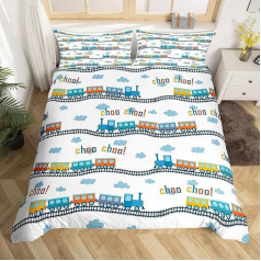 Colourful Train Bedding Set S Size Cartoon Car Duvet Cover Set Blue Train Tracks Cloud Comforter Cover Children Boys Girls Teens Room Decor Transport Vehicles Quilt Cover, 1 Pillowcase