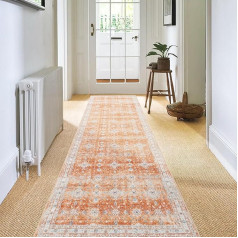 Carvapet Runner Rug 60 x 300 cm Non-Slip Long Kitchen Rug Soft Microfibre Washable Rug Runner Floral Print Area Rug Running Rug (Orange)