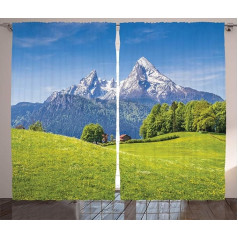 ABAKUHAUS Berg Rustic Alps with Meadow Flora, Bedroom Ruffle Tape Curtain with Loops and Hooks, 280 x 245 cm, Green Blue