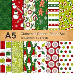 Whaline 12 Designs Christmas Pattern Paper Set A5 Size 60 Sheets Snowman Santa Gingerbread Man Shiny Pattern Paper Green Red Colourful Decorative Craft Paper Double Sided for