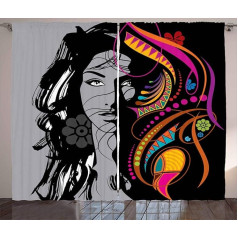 ABAKUHAUS Youth Rustic Curtain, Woman Portrait Glamour Art, Bedroom Ruffle Tape Curtain with Loops and Hooks, 280 x 225 cm, Black Magenta