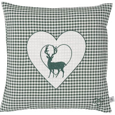 Pine Cushion Embroidered with Deer and Heart Green Checked Size 40 x 40 cm Filled with Pine Flakes from Alpine Pine Wood in Extra Ticking