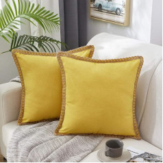 MERNETTE 2 Pack Linen Burlap Cushion Covers Farmhouse Decorative Square Cushion Covers 18x18 Inch Lemon Yellow