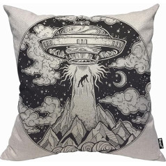 Mugod Alien Spaceship Pillow Case Throw Pillow Cases UFO Abduction Human with Flying Saucer Moon Mountain Black White Pillow Case for Men Women Couch 45x45cm