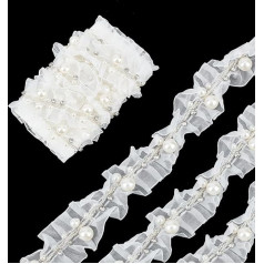 NICENEEDED Organza Scalloped Ruffle Trim Tulle Chiffon Trim with Beads and Rhinestones Polyester Lace Sew On Applique for DIY Headband Wedding Dress Sewing Embellishment