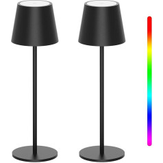 K-Bright Pack of 2 LED Dimmable Battery Table Lamps, Wireless, Rechargeable, Warm Light Colour, 3000 K + RGB Table Lamp with USB-C, Aluminium, IP54 Waterproof, Black