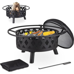 Relaxdays Fire Bowl with Spark Protection, Grill & Charcoal Grate, Poker, Protective Cover, H x D: 53 x 76 cm, Fire Basket, Black