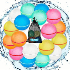 Pack of 18 Reusable Water Balloons for Children and Adults, Magnetic, Refillable, Quick Self-Sealing Water Bomb with Mesh Bag, Latex-Free Silicone Water Balls for Summer Pool Parties
