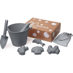 Scrunch Collapsible Bucket, Spade and Moulds - Silicone Beach Toy, Holiday Essentials for Kids - Includes Folding Bucket, Spade and Sand Moulds, Ideal for Sandpit, Garden and Water Features - Charcoal