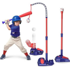 3-in-1 Kids Baseball Set, Batting Tee, Stand Tee, Pitching Machine with 6 Plastic Softballs & Bat, Adjustable Height, Indoor/Outdoor Backyard Sports Games Gifts for Boys and Girls