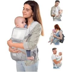 Mobiclinic® Kids Baby Carrier, 6 in 1, Moley, Multi-Position, Foldable, Zip Pocket, Bottle Holder, Soft Premium Cotton, 0-36 Months, for Newborns and Children (Grey)