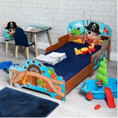 URBNLIVING Wooden Bed for Toddlers, Infants, Children, with Safety Gate (Pirates)