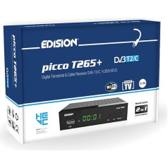 Edision Picco T265+ Terrestrial DVB-T2 and Cable DVB-C Receiver, H265 HEVC, FTA Full HD PVR, USB, HDMI, SCART, S/PDIF, IR, USB WiFi Support, Universal 2-in-1 Remote Control, Black