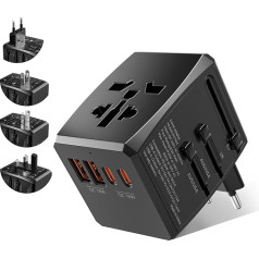 Travel Adapter Worldwide, Universal Travel Plug with PD20W, 2 USB, 1 USB C and 1AC Socket, International Socket Adapter, Universal Adapter for Germany, USA, England, Thailand, Italy, Australia