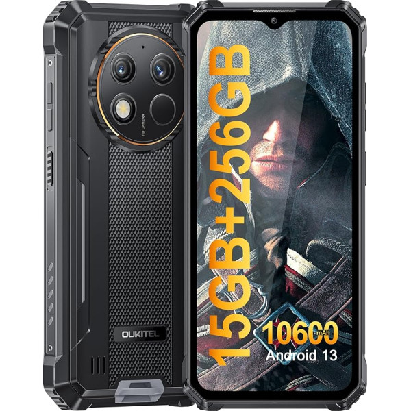 OUKITEL WP28 Rugged Smartphone Without Contract - 15GB RAM + 256GB ROM 10600mAh Android13 Outdoor Mobile Phone 48MP Camera 6.52 Inch Robust Mobile Phone IP68/69K/Dual SIM/Face ID/NFC/OTG/GPS