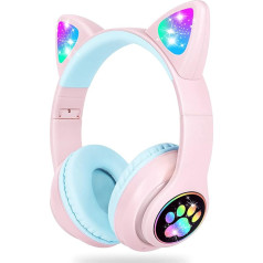 SENCU Wireless Bluetooth Headphones Stereo HD Microphone Cute Cat Ears with LED Lightweight Wired Foldable Gaming PC Phone Travel for Girls Boys Kids (Pink-Green)