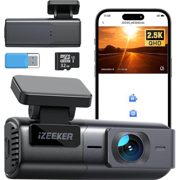 iZEEKER 2.5K WiFi Dash Cam for Cars, Mini Car Camera, 1440P Front Dash Cam with App, 32GB Free Card, Night Vision, WDR G-Sensor, Loop Recording, Support Parking 24H