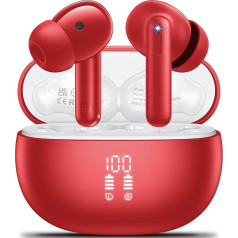 Bluetooth In-Ear Headphones Wireless Bluetooth 5.3 HiFi Stereo Sound, Headphones with 4 ENC Cancelling Mic, 42H Wireless Headphones with LED Display, IPX7 Waterproof, Suitable for Sports/Office, Red