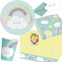 HHO Rainbow Summer Party Set 69 Pieces for 16 Guests Plates Cups Napkins Tablecloth Invitations