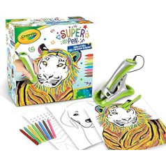 Crayola 25-0395 Super Pen Tiger, for Melting Wax Crayons and Creating Embossing Patterns, Creative Activities and Gift for Children, from 8 Years, Silver/Green, Set da 14 Pezzi