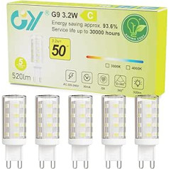 GY G9 LED Light Bulb, Warm White, 3000 K, Warm White LED Light Bulb, 3.2 W Equivalent to 50 W Halogen Bulb, G9 Light Bulb, 520 Lumens, No Flickering, Not Dimmable, Energy Saving G9 Small Bulb, Set of