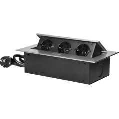 Furniture socket recessed into the table top with a flat edge, 3 2P+Z (Schuko) sockets and a 1.5 m cable (3x1.5 mm?), silver