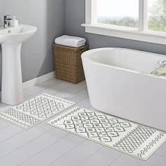 McEu Bathroom Rug Set of 2, Non-Slip Washable Bath Mats 120 x 50 cm and Bath Mat 60 x 40 cm, Soft Artificial Wool Microfibre Absorbent Boho Bathroom Set, White