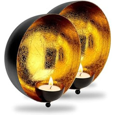 ZEYA Wall Tea Light Holder, Set of 2, Diameter 15 cm, Wall Tea Light Holder, Black Gold Metal, Wall Decoration Living Room, Rustic Decoration for Tea Lights & Wall Decoration, Attractive Gift for