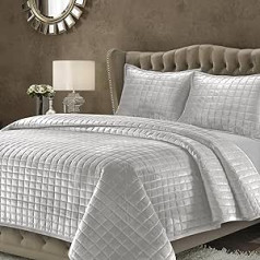 Tribeca Living Velvet Duvet Cover Set Queen 3 Piece Box Stitch Set Includes One Oversized Quilt and Two Pillow Shams 260gsm Super Soft Velvet Florence Silver Grey