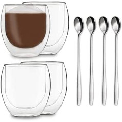 DUOS Feelino Double-walled Glasses with Stainless Steel Spoon, Thermal Glasses, Latte Machiato Glasses, Tea Glasses, Coffee Glasses with Floating Effect keep Drinks Warm or Cold for Longer