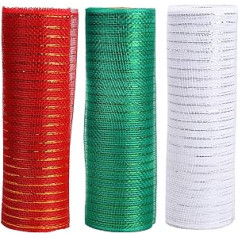 Euvoym 3 Rolls Christmas Decorative Mesh Ribbon Polyester Green Red White Metallic Foil Decorative Ribbon Christmas Ribbon for Gift Wrapping Wreaths 10 Inch x 10 Yards