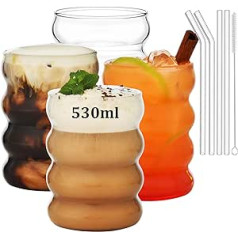 VITEVER Ribbed Drinking Glasses with Glass Straws, Set of 4, 530 ml Iced Coffee Glasses, Bubble Glasses for Cocktail, Milk, Water, Soda, Gift with Brush