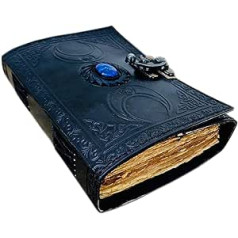 LAKECITY LEATHER CRAFT Handmade Leather Journal Lapis Stone Crystal Black Triple Moon Book of Shadows Antique Deckle Edge Paper Sketchbook Blank Spell Book Sacred Geometry