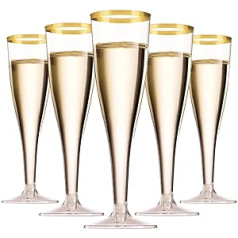 LATERN Pack of 50 Champagne Glasses with Gold Rim, 150 ml Plastic Champagne Glasses, Reusable Party Wine Cups with Stem for Garden, Wedding, Anniversary, Shower, Parties (5 x 17 cm)
